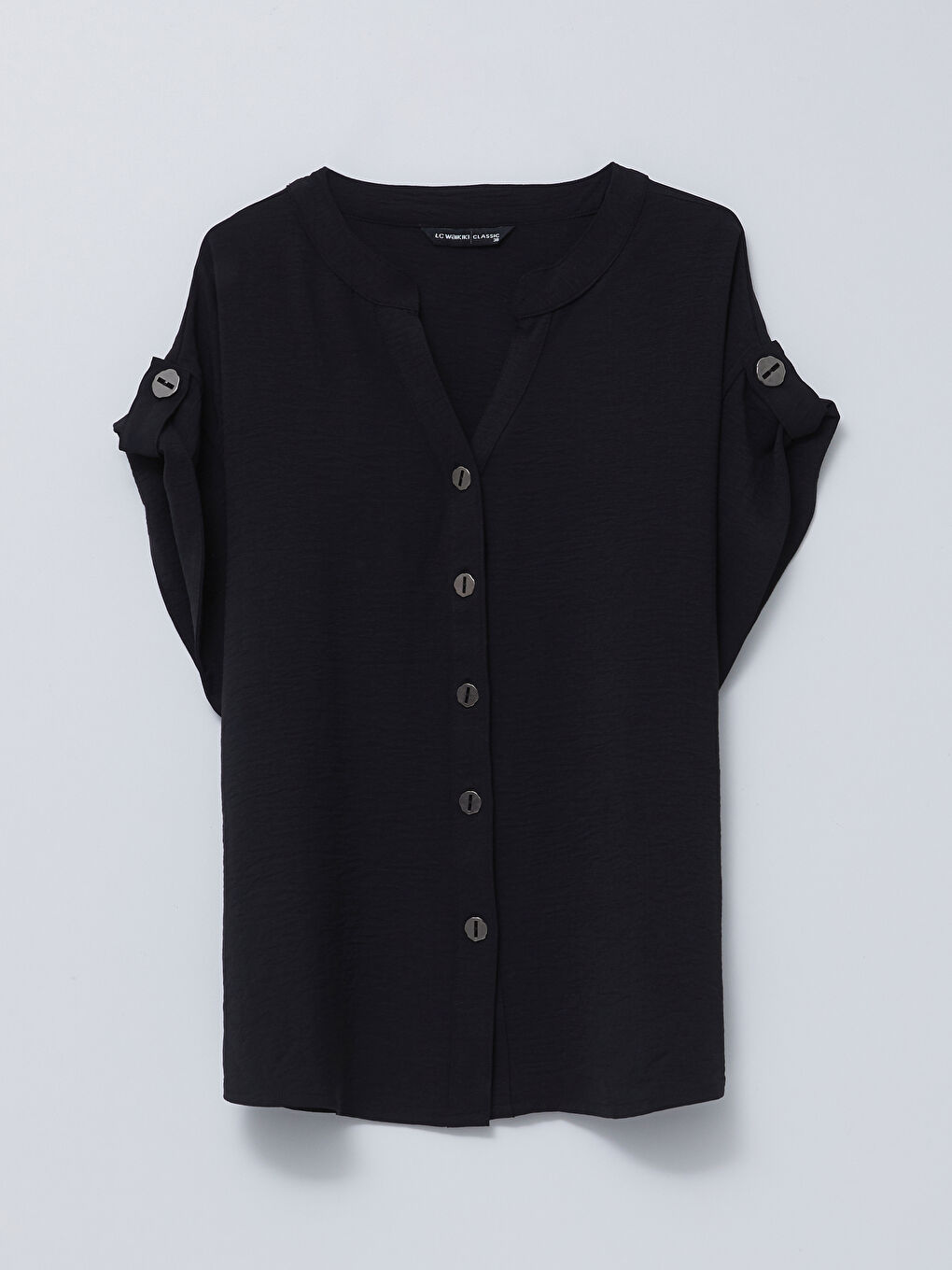 Siyah Kaçık Yaka Düz Kısa Kollu Kadın Gömlek-6