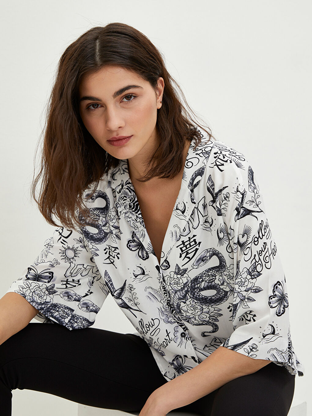 Front Button Closure Printed Short Sleeve Viscose Women's Shirt-2