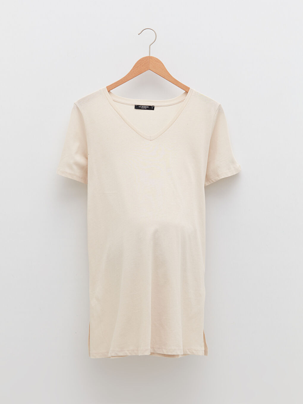 Gri V Yaka Düz Kısa Kollu Pamuklu Hamile Tişört-5