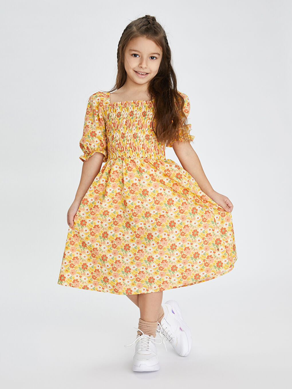 Square Neck Printed Short Sleeve Poplin Girls Dress-1