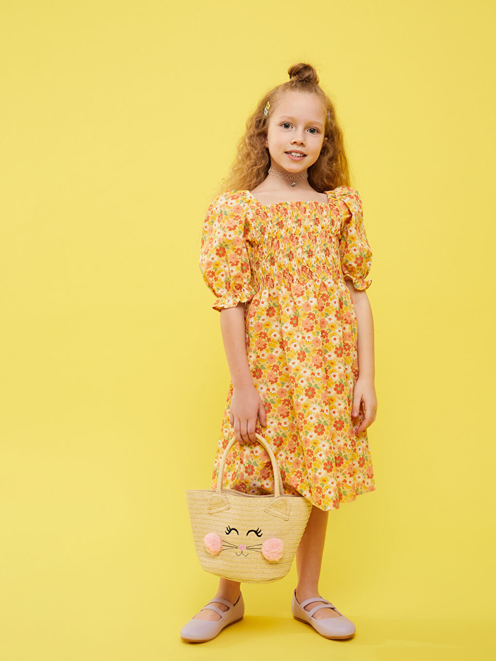 Square Neck Printed Short Sleeve Poplin Girls Dress