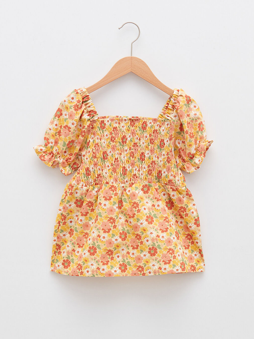 Sarı Kare Yaka Baskılı Kısa Kollu Pamuklu Kız Çocuk Bluz ve Toka-1