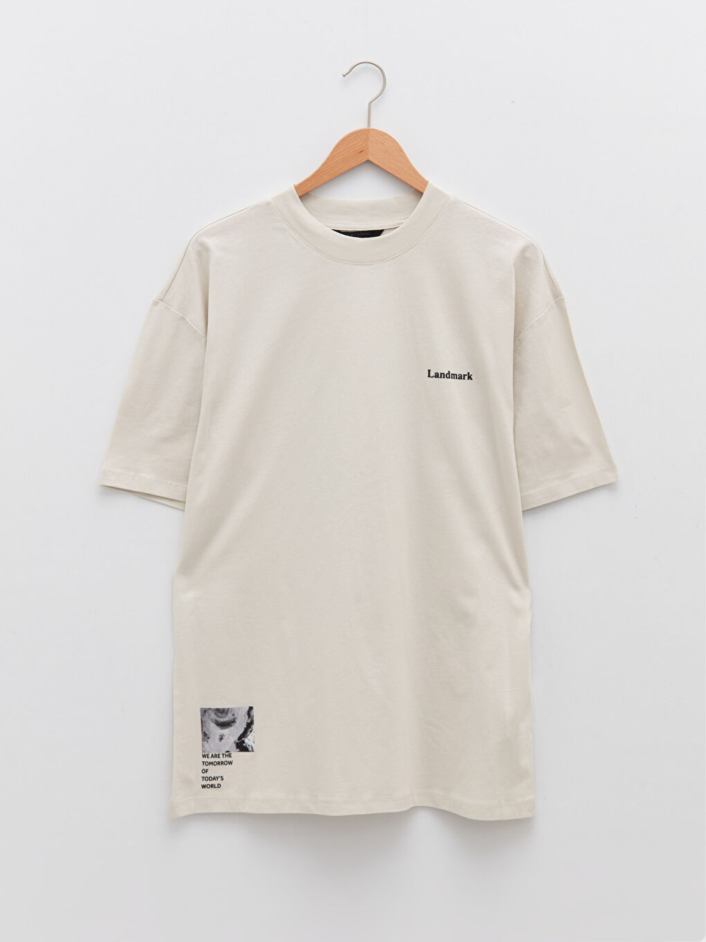 Bej Bisiklet Yaka Baskılı Kısa Kollu Erkek Tişört-5