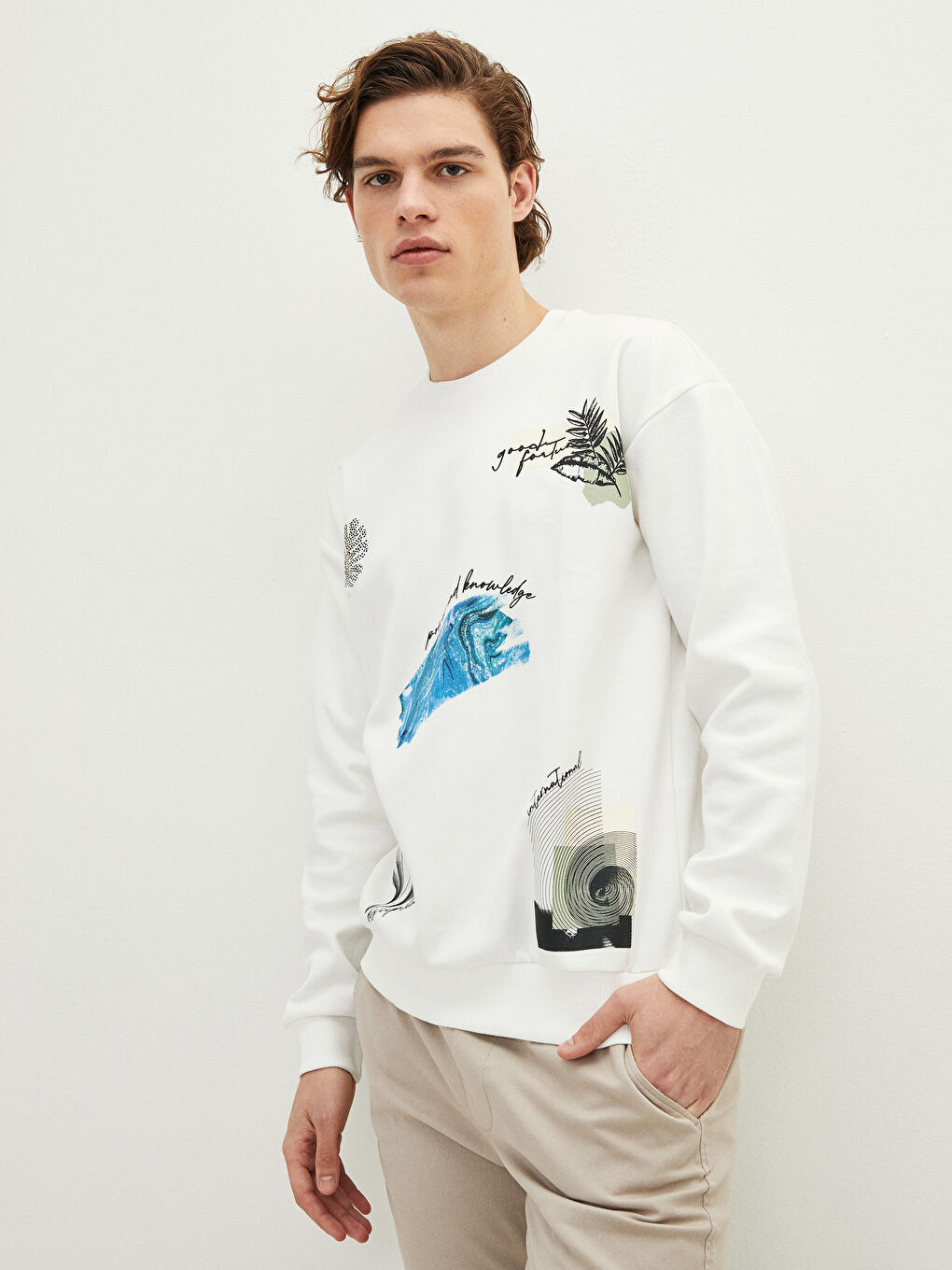 Ekru Bisiklet Yaka Uzun Kollu Baskılı Erkek Sweatshirt-1