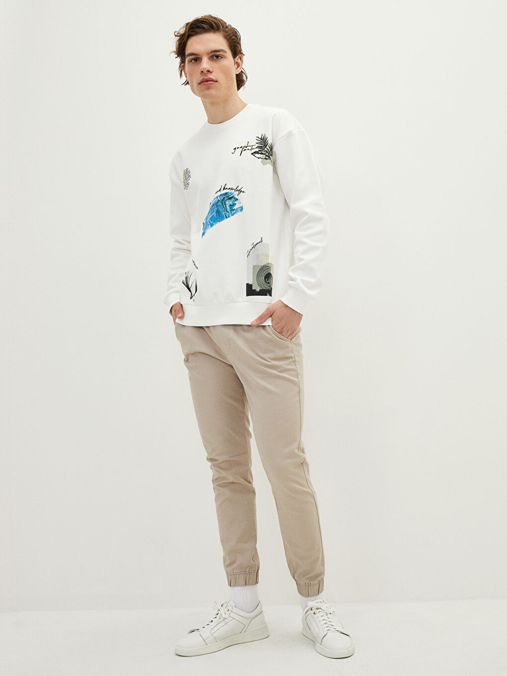 Ekru Bisiklet Yaka Uzun Kollu Baskılı Erkek Sweatshirt-2