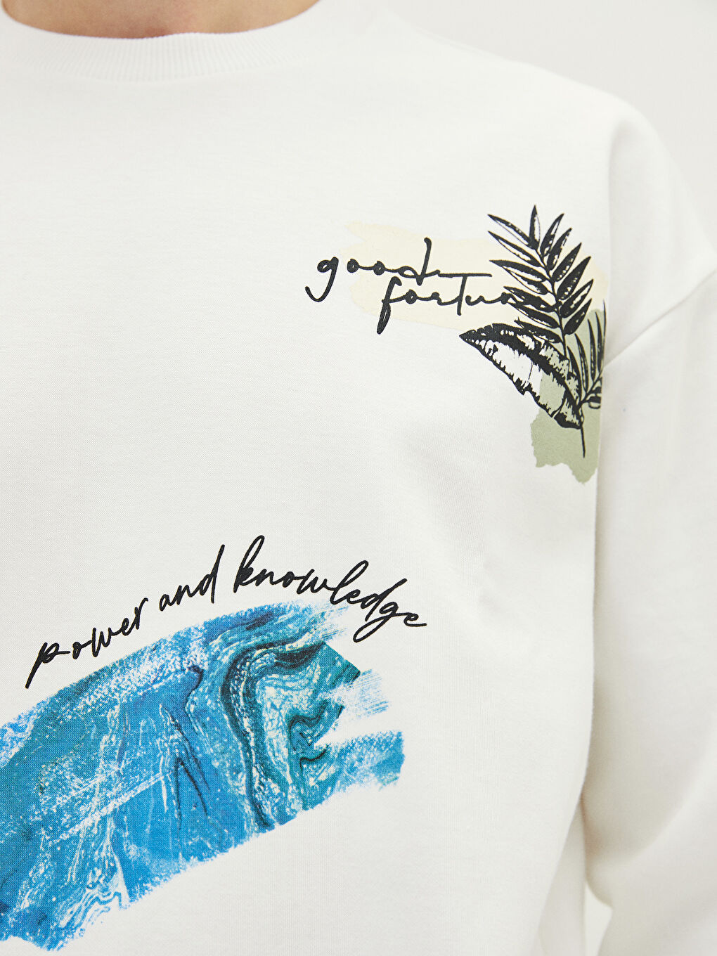 Ekru Bisiklet Yaka Uzun Kollu Baskılı Erkek Sweatshirt-3