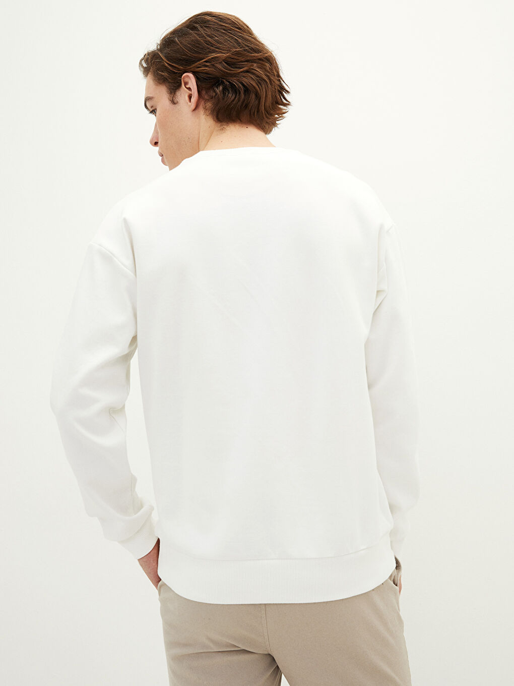 Ekru Bisiklet Yaka Uzun Kollu Baskılı Erkek Sweatshirt-4