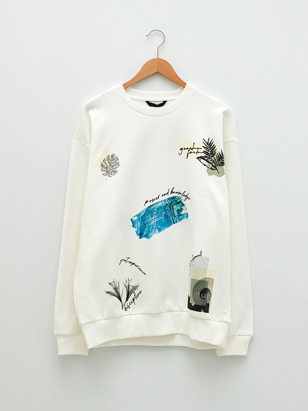 Ekru Bisiklet Yaka Uzun Kollu Baskılı Erkek Sweatshirt-5