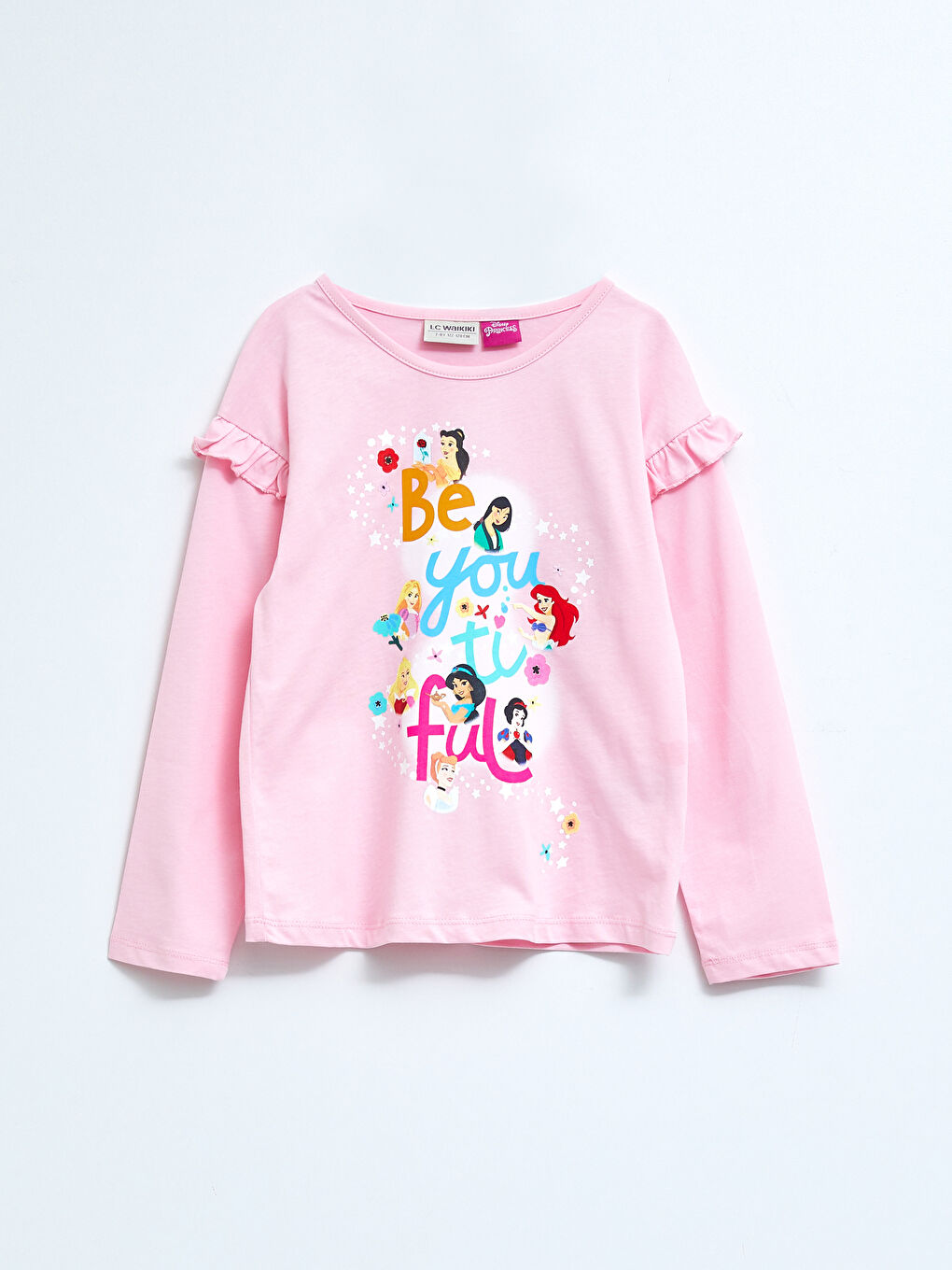 Bisiklet Yaka Disney Princess Baskılı Uzun Kollu Pamuklu Kız Çocuk Tişört