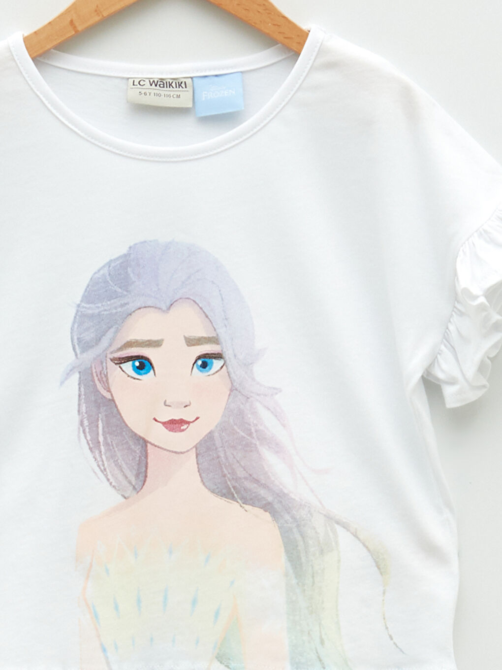 Beyaz Bisiklet Yaka Elsa Baskılı Kısa Kollu Kız Çocuk Tişört-2