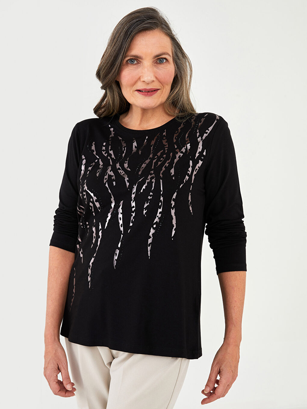 Crew Neck Patterned Long Sleeve Women's T-Shirt-1