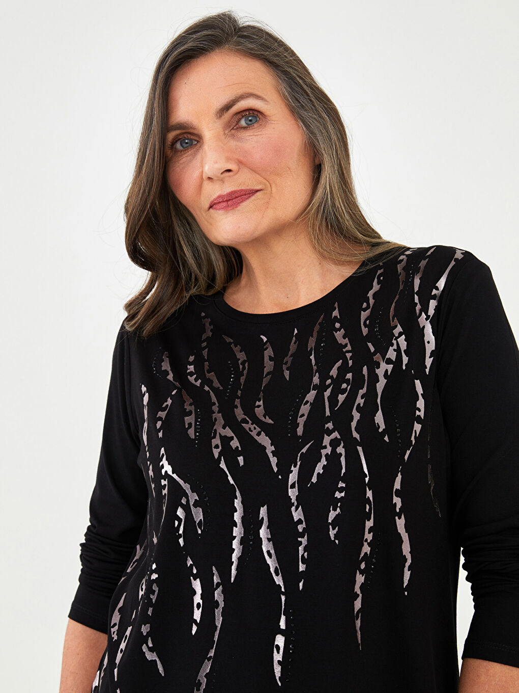 Crew Neck Patterned Long Sleeve Women's T-Shirt-2