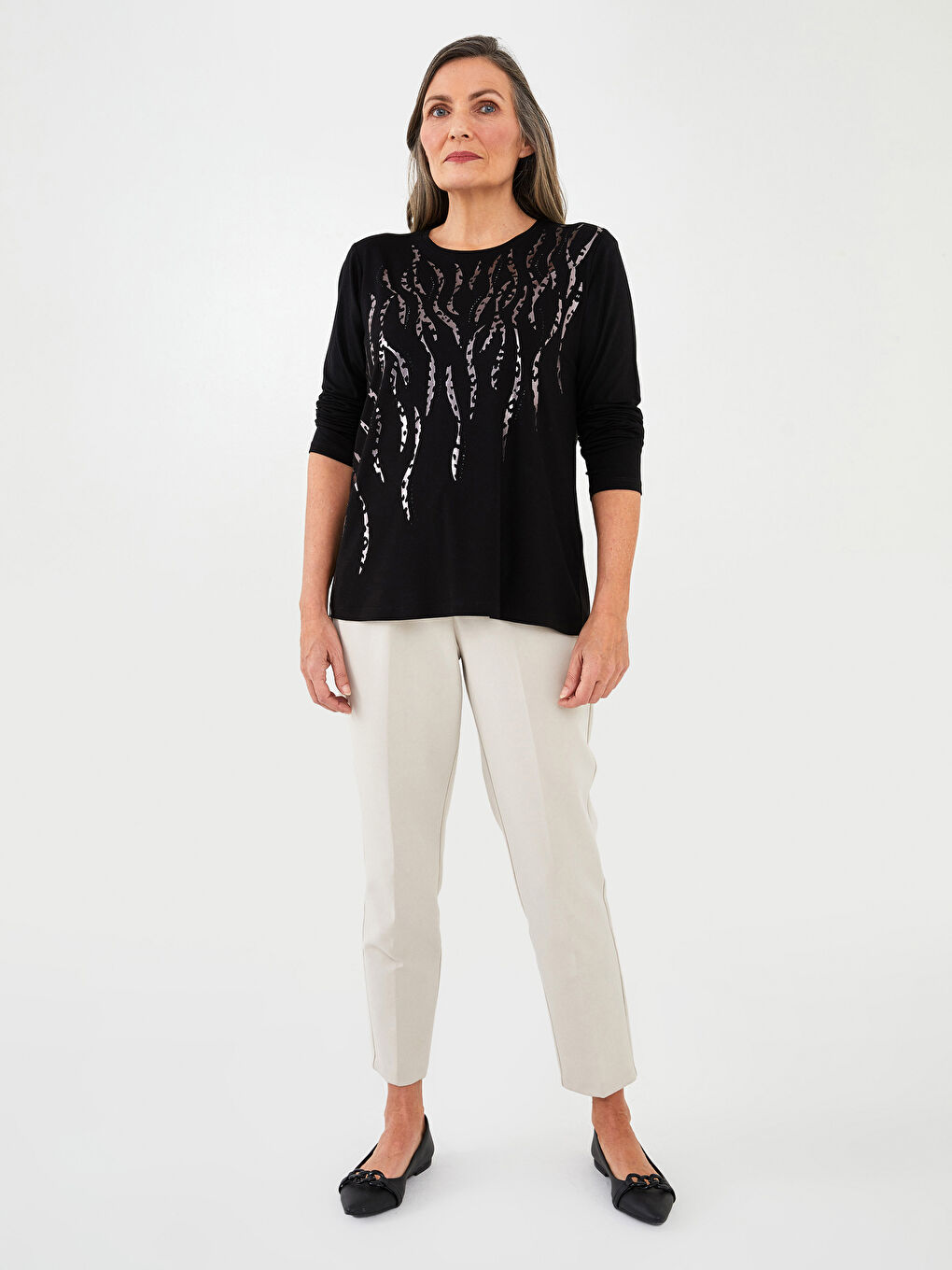 Crew Neck Patterned Long Sleeve Women's T-Shirt-3