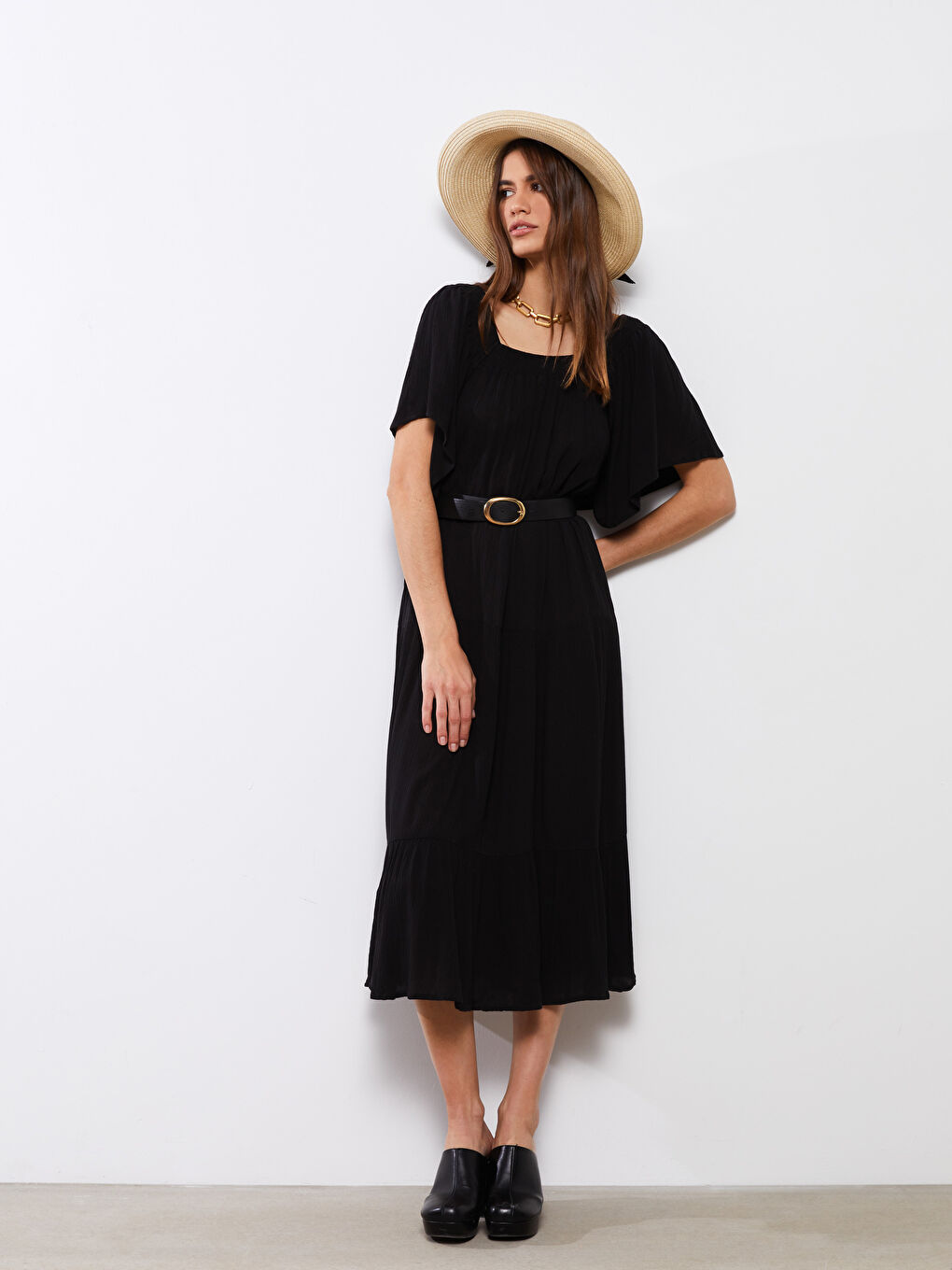 U Neck Straight Short Sleeve A Cut Viscose Women's Dress