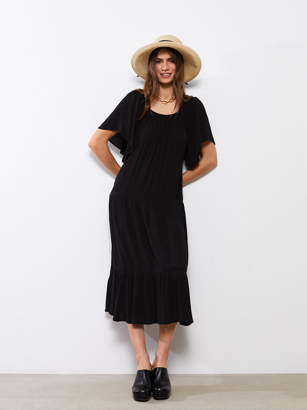 U Neck Straight Short Sleeve A Cut Viscose Women's Dress-1