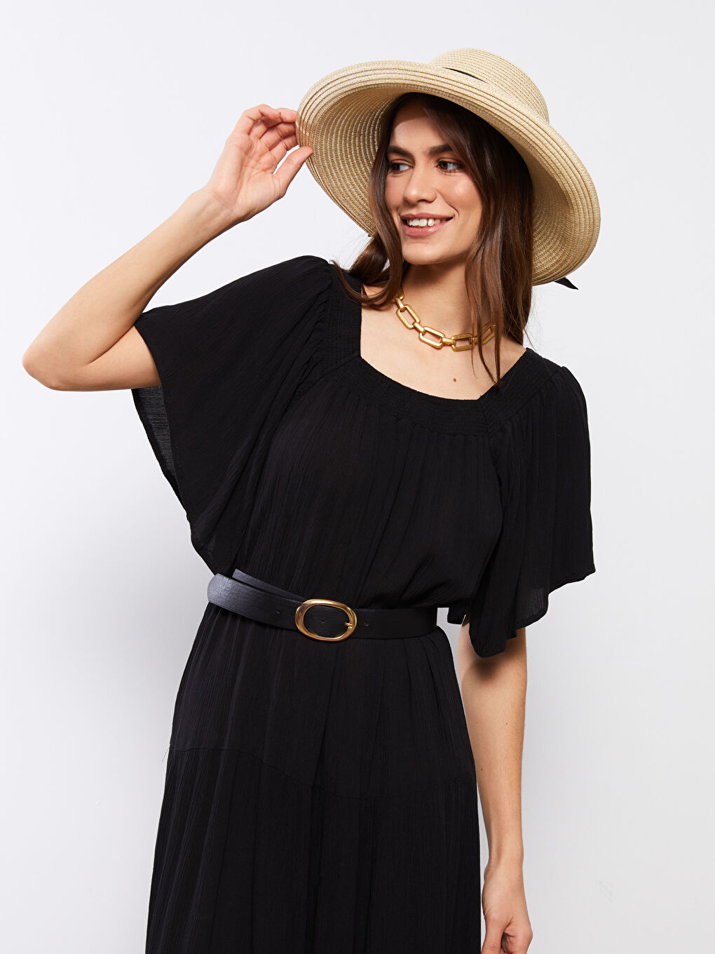 U Neck Straight Short Sleeve A Cut Viscose Women's Dress-2