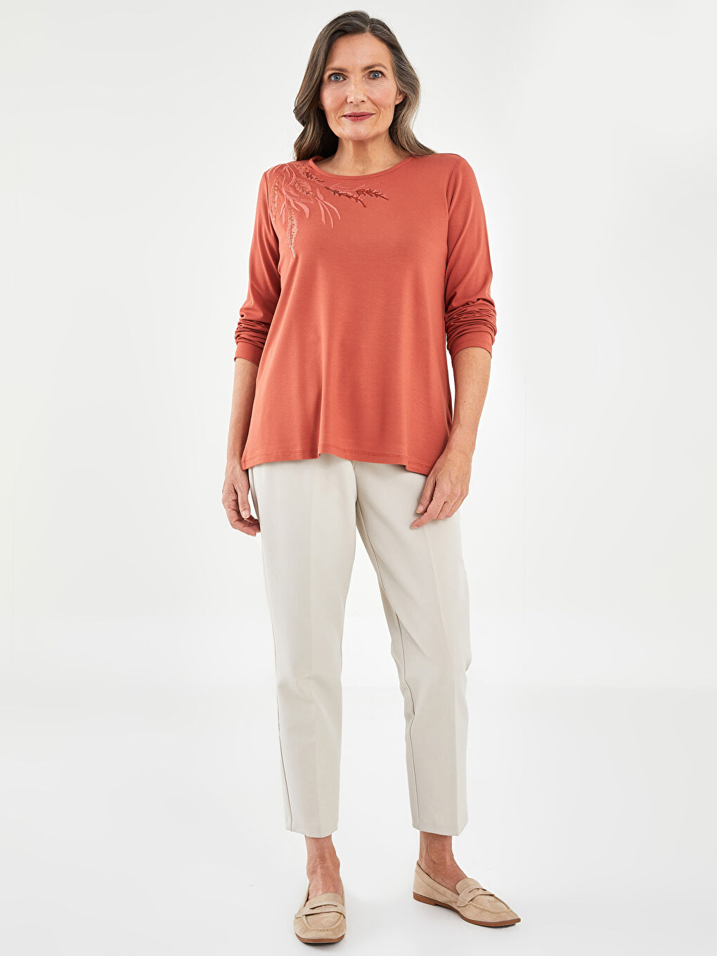 Crew Neck Embroidered Long Sleeve Women's T-Shirt-2