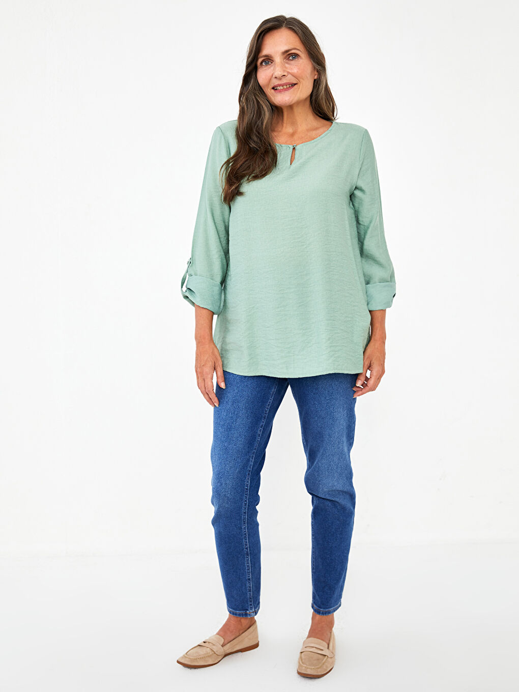 Блузка Женская Однотонная С Длинным Рукавом И Круглым Вырезом-1