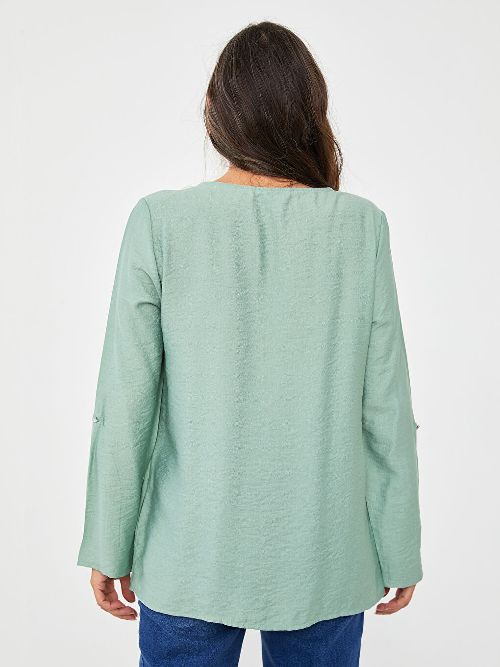 Блузка Женская Однотонная С Длинным Рукавом И Круглым Вырезом-3