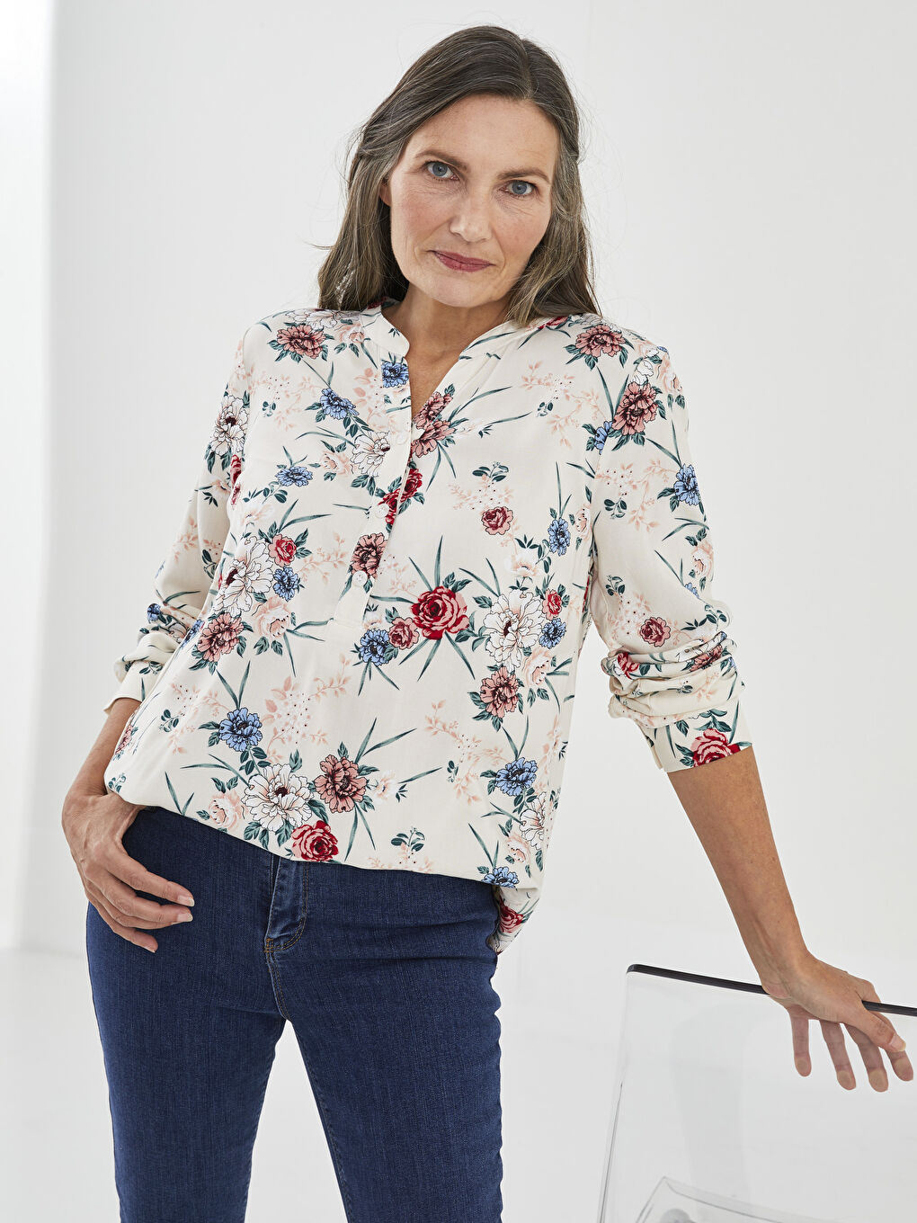 Henley Neckline Flower Long Sleeve Viscose Women's Blouse
