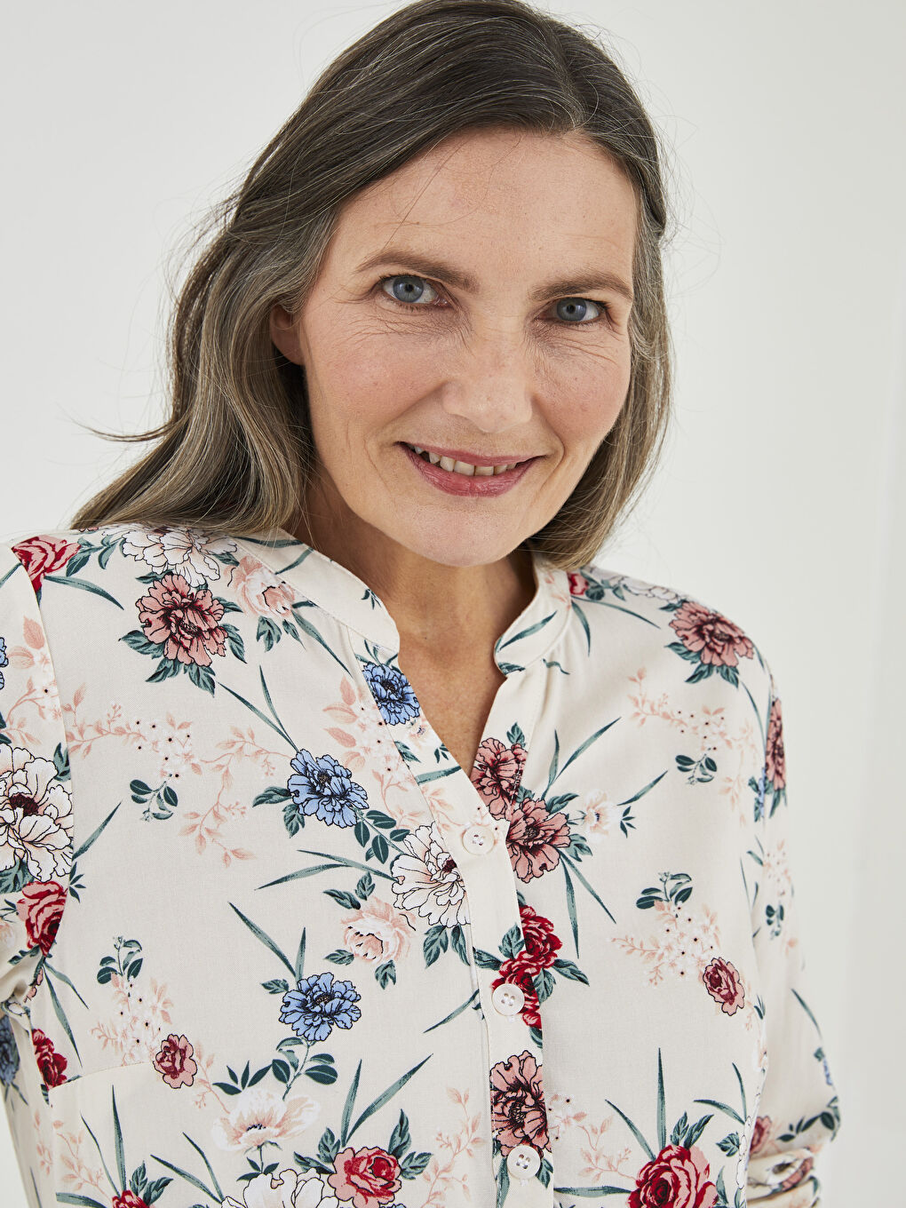 Henley Neckline Flower Long Sleeve Viscose Women's Blouse-1