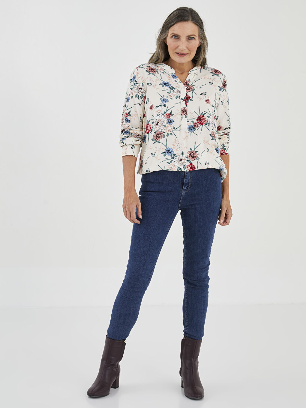 Henley Neckline Flower Long Sleeve Viscose Women's Blouse-2