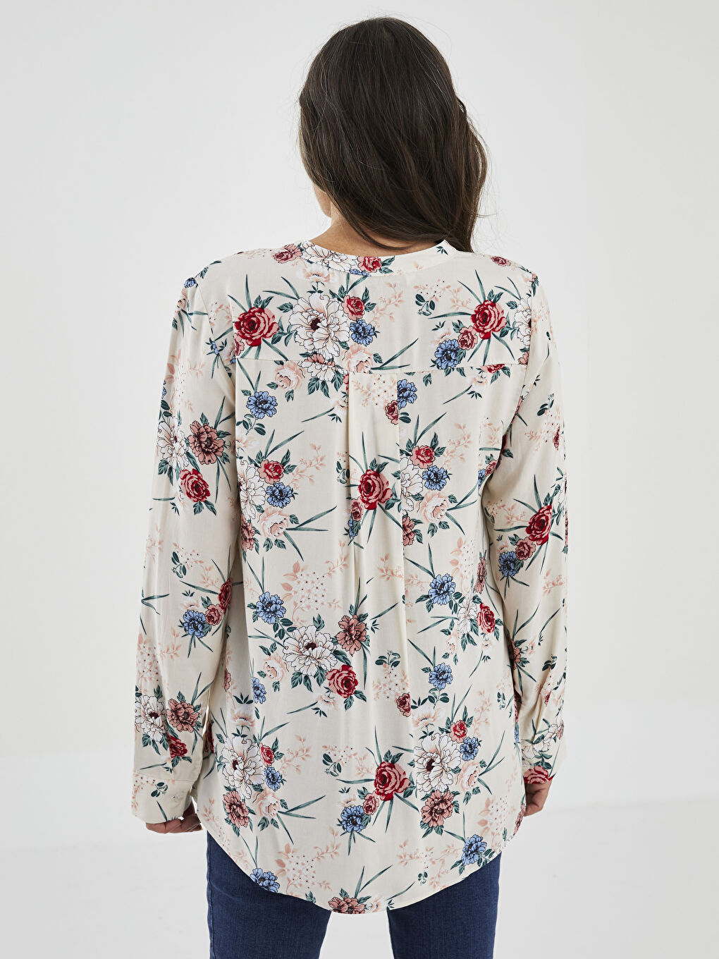 Henley Neckline Flower Long Sleeve Viscose Women's Blouse-4