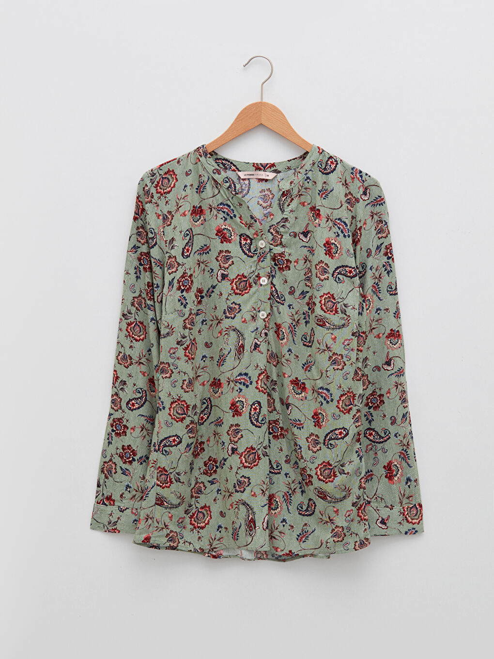 Yeşil Kaçık Yaka Desenli Uzun Kollu Viskon Kadın Bluz-5