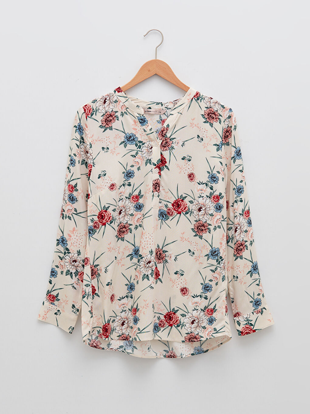 Henley Neckline Flower Long Sleeve Viscose Women's Blouse-5
