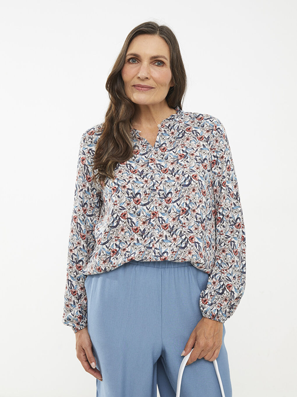 Ruffled Standing Collar Floral Long Sleeve Viscose Women's Blouse-1