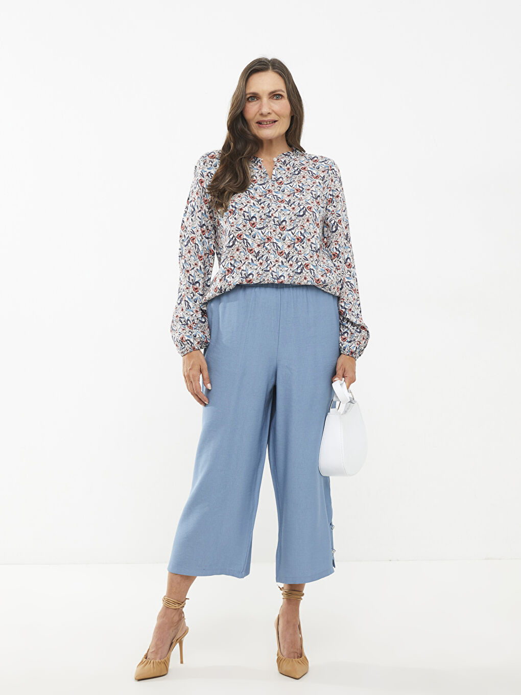 Ruffled Standing Collar Floral Long Sleeve Viscose Women's Blouse-2