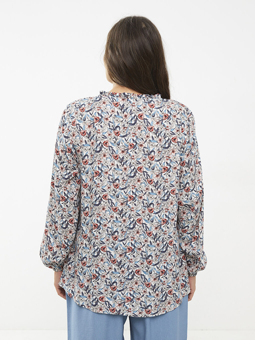 Ruffled Standing Collar Floral Long Sleeve Viscose Women's Blouse-4