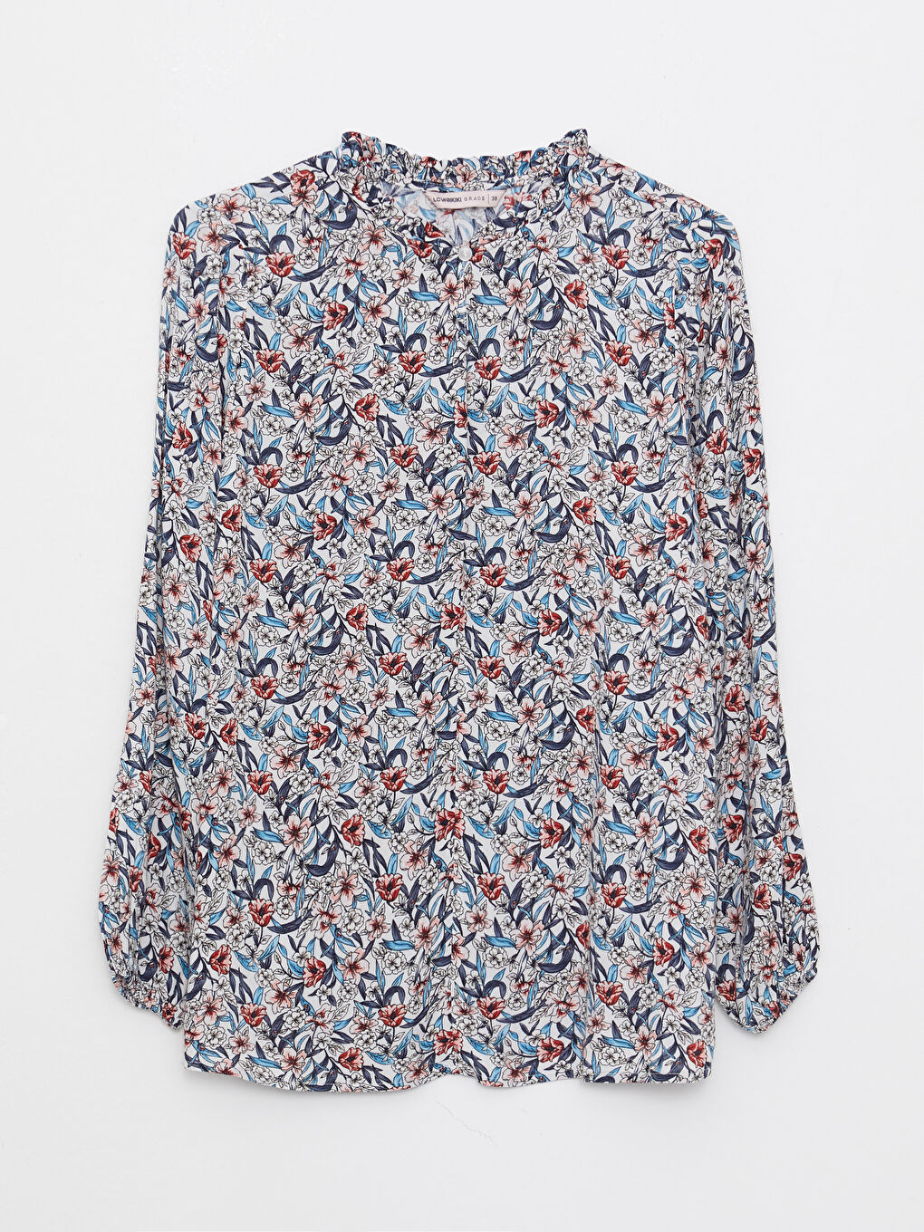 Ruffled Standing Collar Floral Long Sleeve Viscose Women's Blouse-5