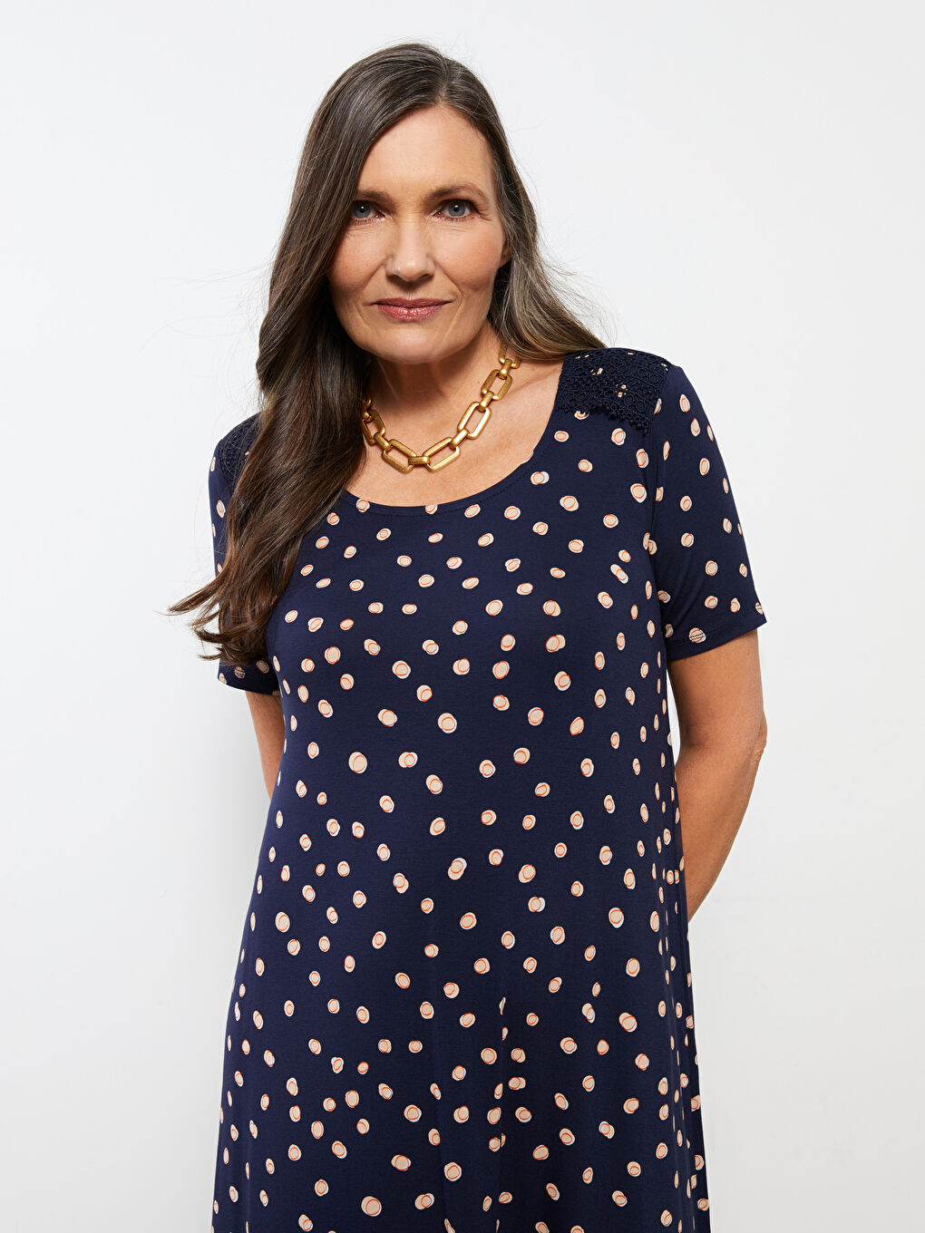 LCW Grace U Neck Patterned Short Sleeve A-Line Women's Dress -S2AC52Z8-LSJ