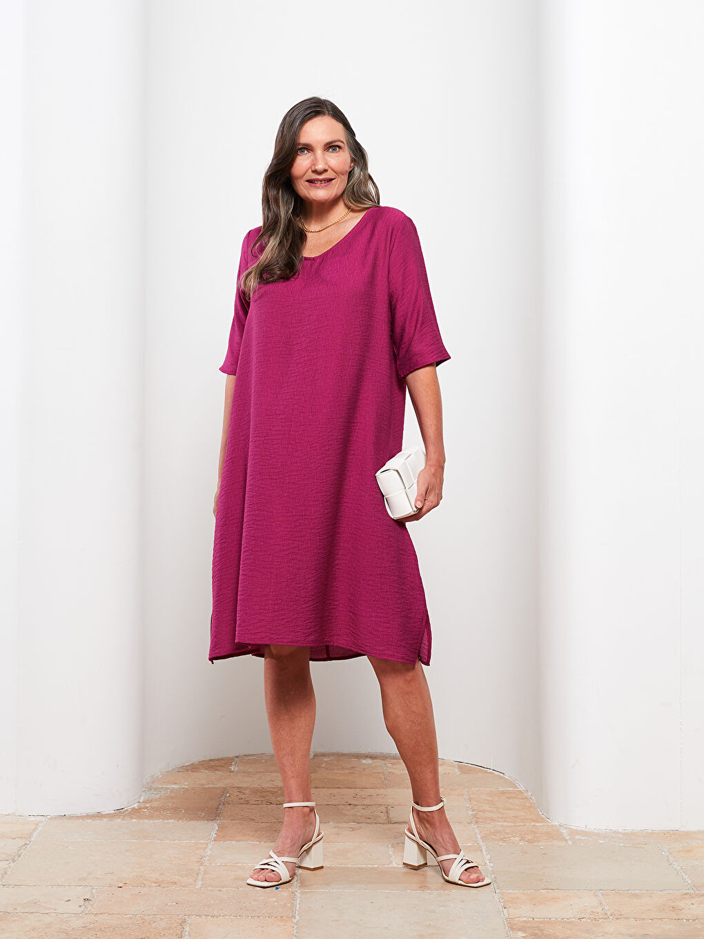 Fuşya V Yaka Düz Kısa Kollu A Kesim Kadın Elbise