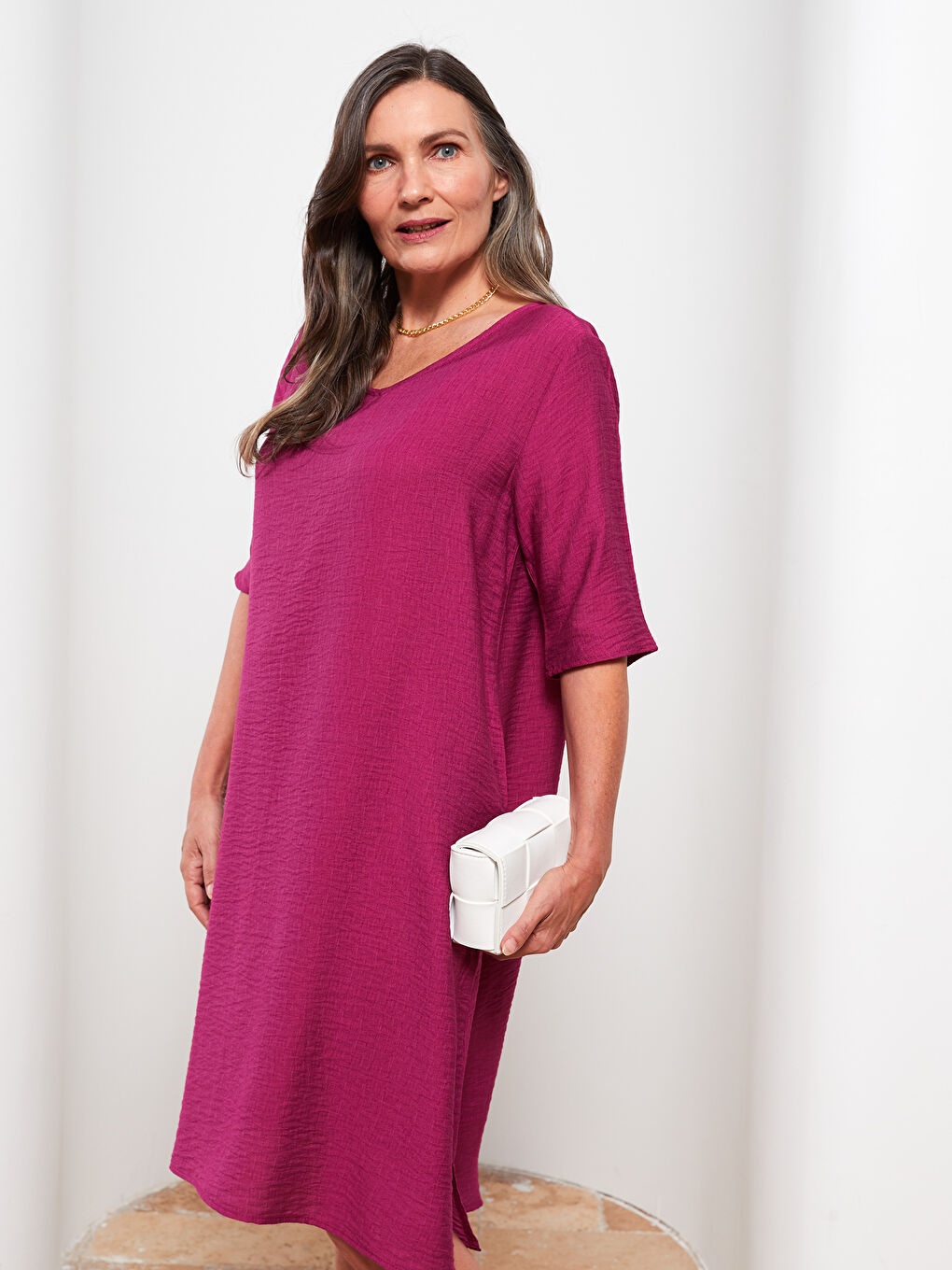 Fuşya V Yaka Düz Kısa Kollu A Kesim Kadın Elbise-2