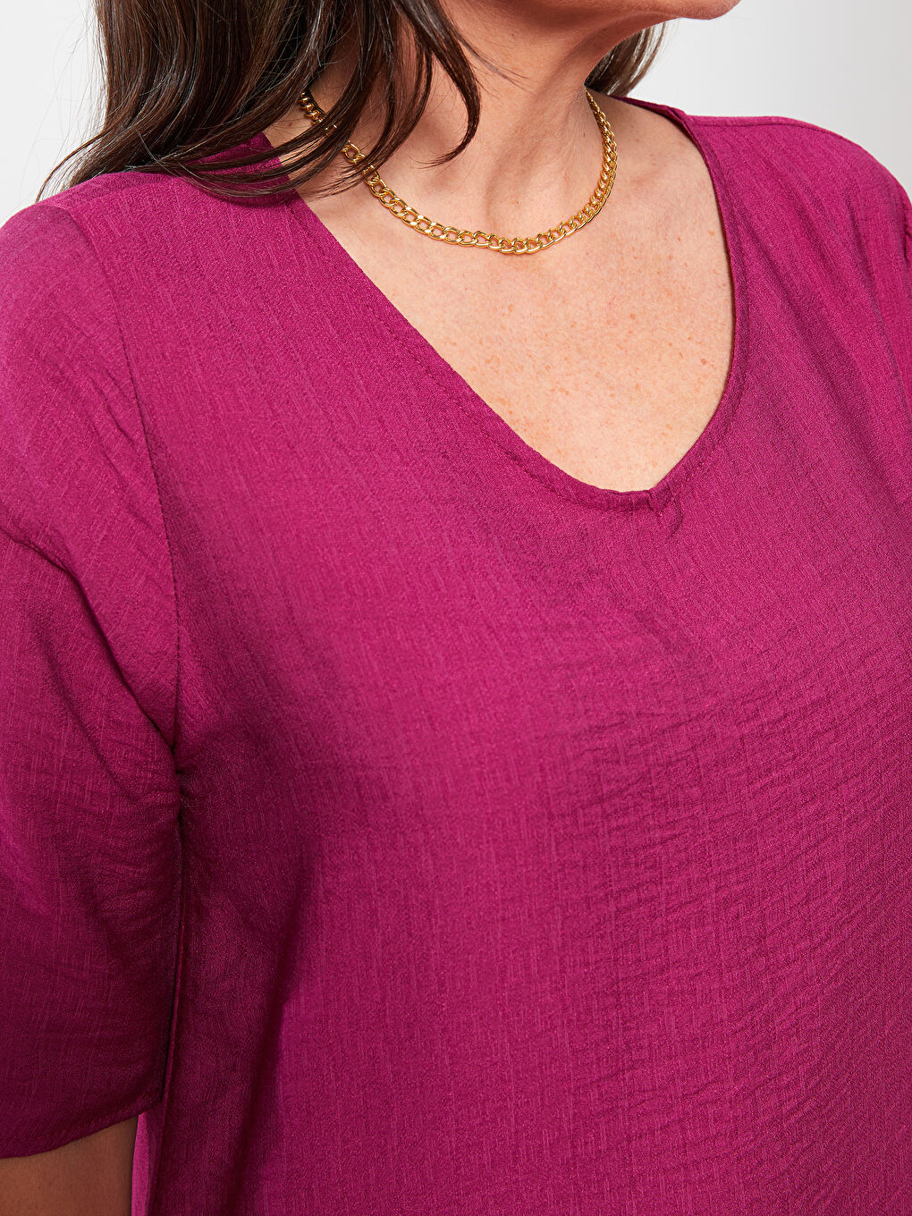 Fuşya V Yaka Düz Kısa Kollu A Kesim Kadın Elbise-3