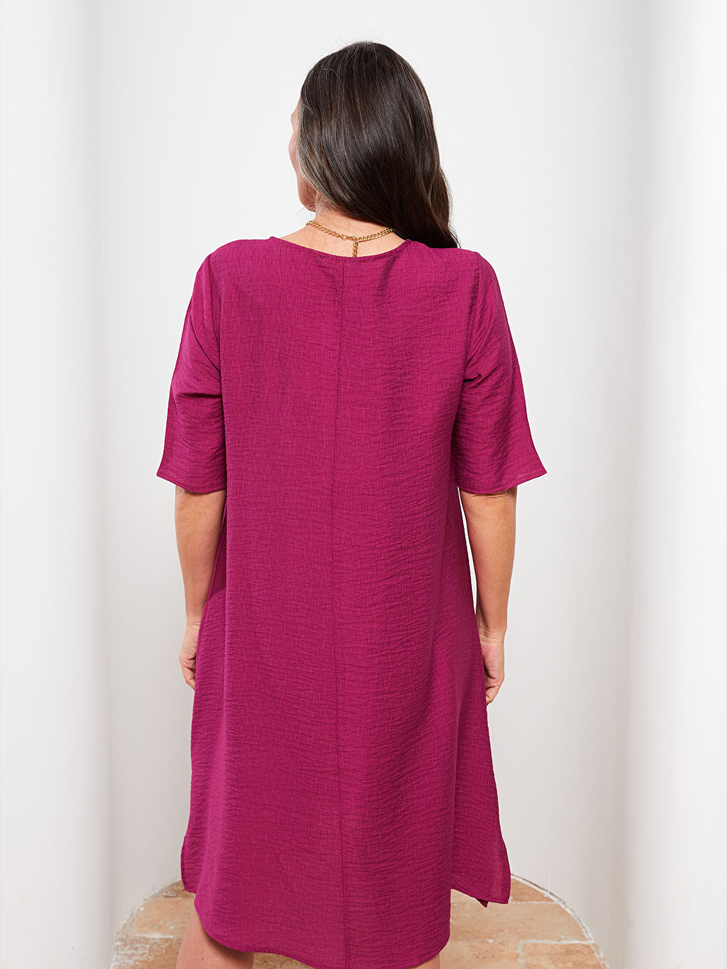 Fuşya V Yaka Düz Kısa Kollu A Kesim Kadın Elbise-4
