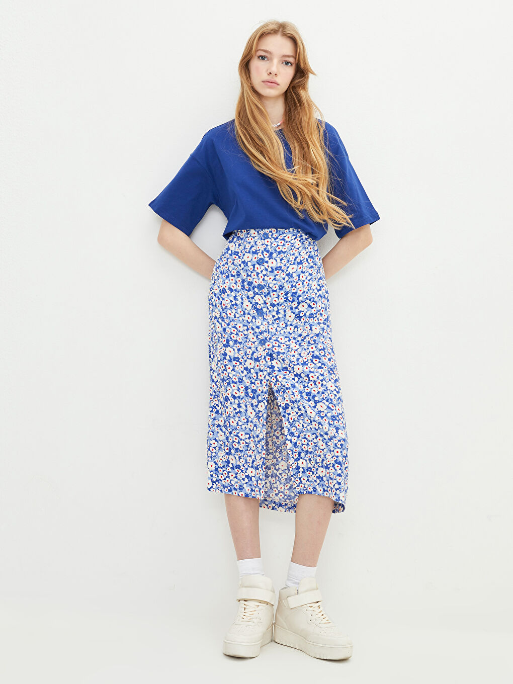 Mavi Beli Düğmeli Çiçekli Viskon Kadın Etek-1