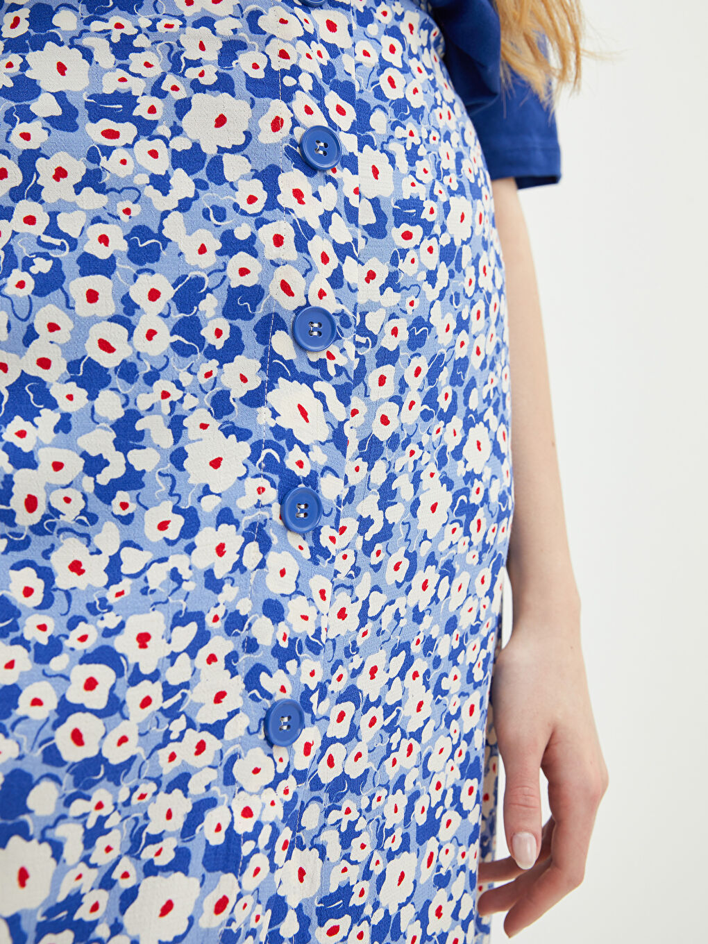 Mavi Beli Düğmeli Çiçekli Viskon Kadın Etek-2