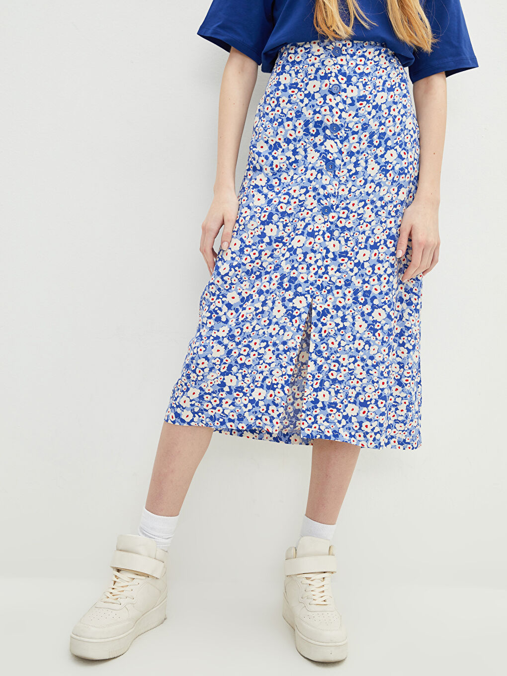 Mavi Beli Düğmeli Çiçekli Viskon Kadın Etek-3