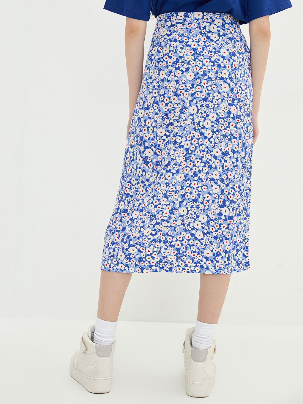 Mavi Beli Düğmeli Çiçekli Viskon Kadın Etek-4