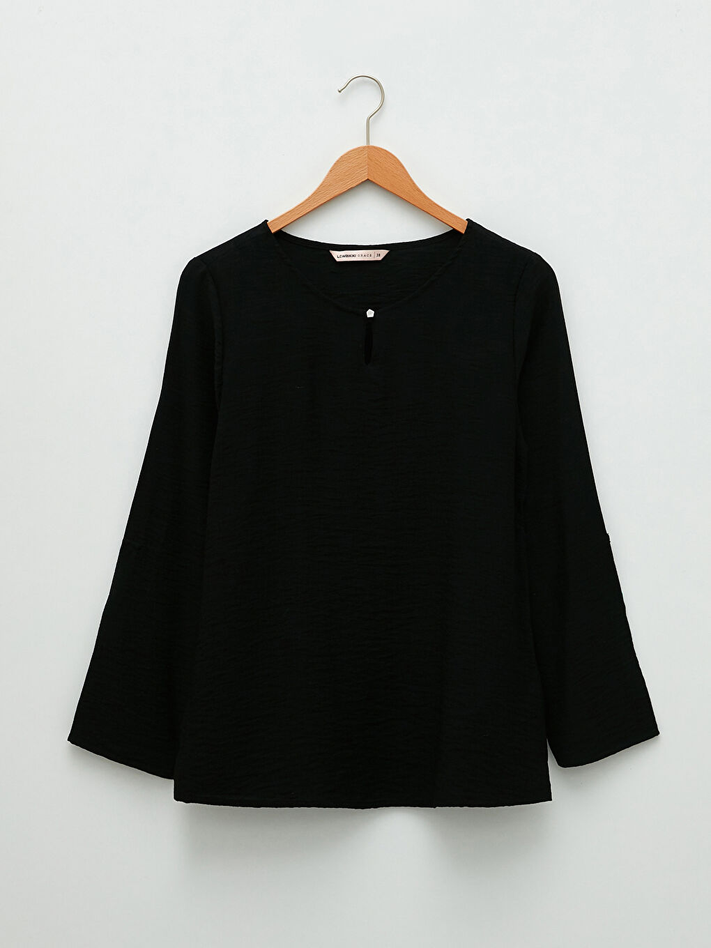 Siyah Bisiklet Yaka Düz Uzun Kollu Kadın Bluz-5