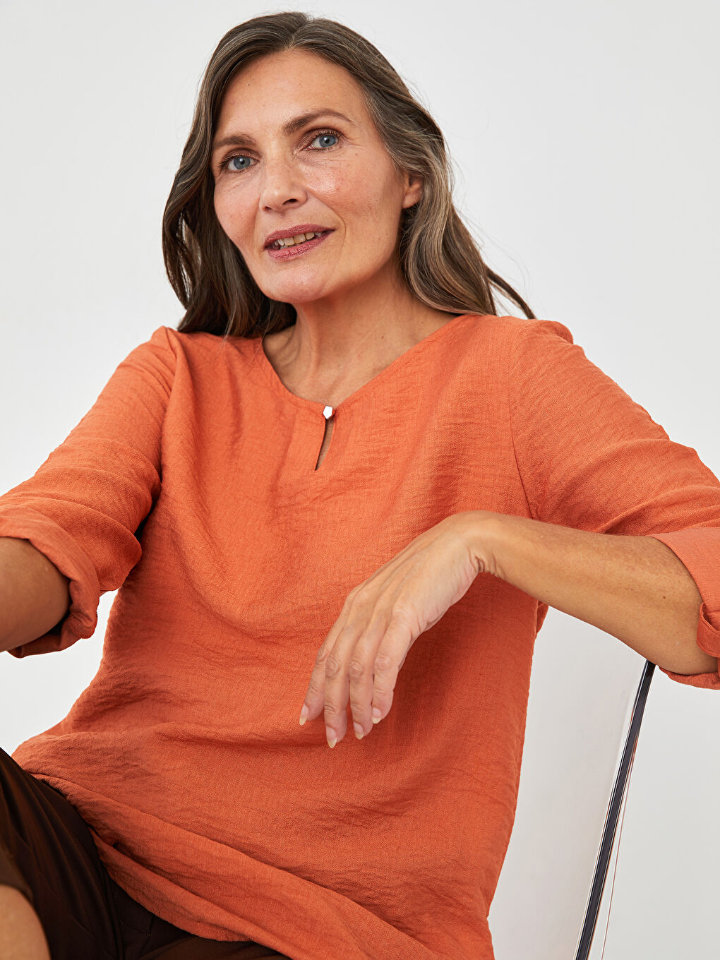 Turuncu Bisiklet Yaka Düz Uzun Kollu Kadın Bluz