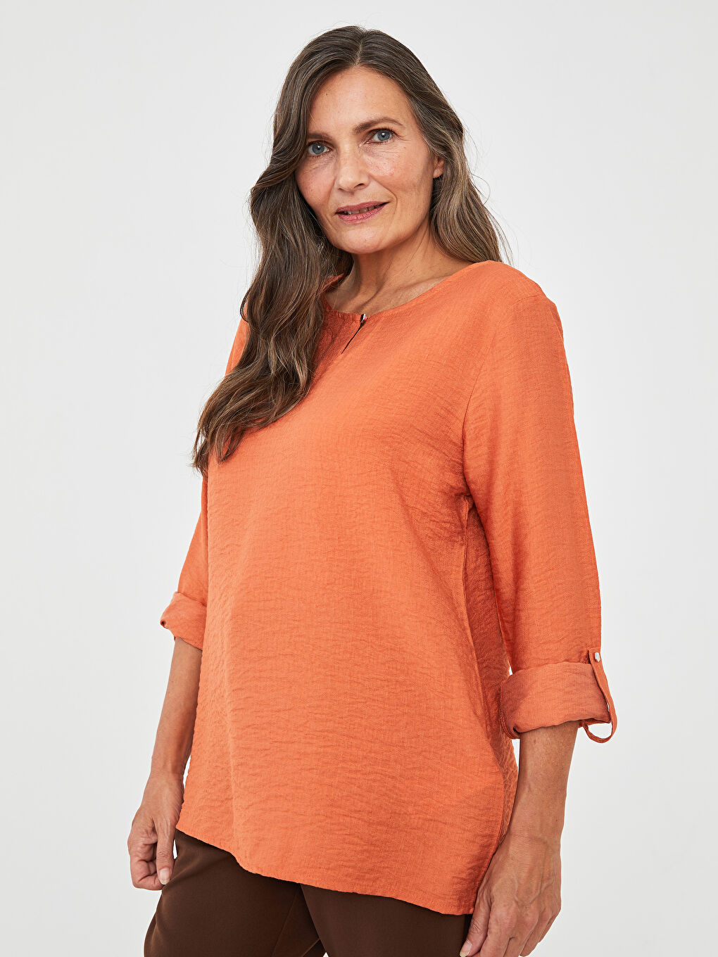 Turuncu Bisiklet Yaka Düz Uzun Kollu Kadın Bluz-1