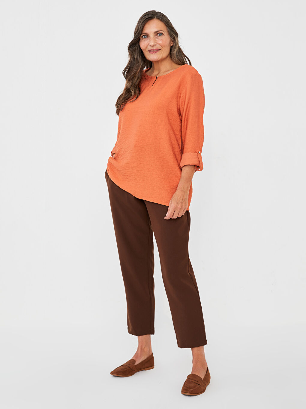 Turuncu Bisiklet Yaka Düz Uzun Kollu Kadın Bluz-3