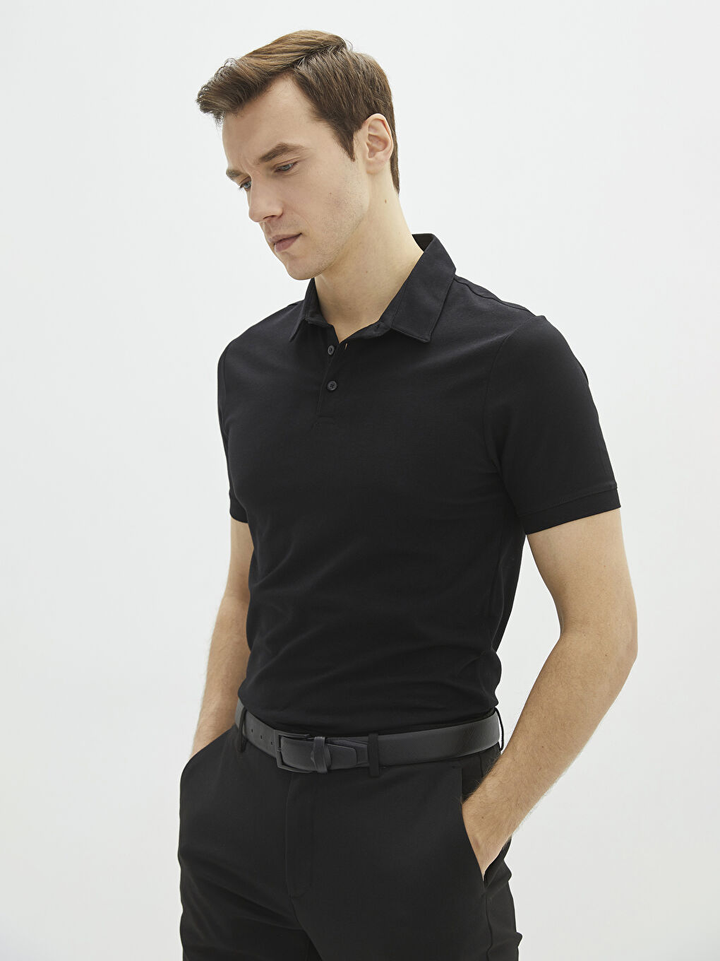Siyah Polo Yaka Kısa Kollu Pike Erkek Tişört-1
