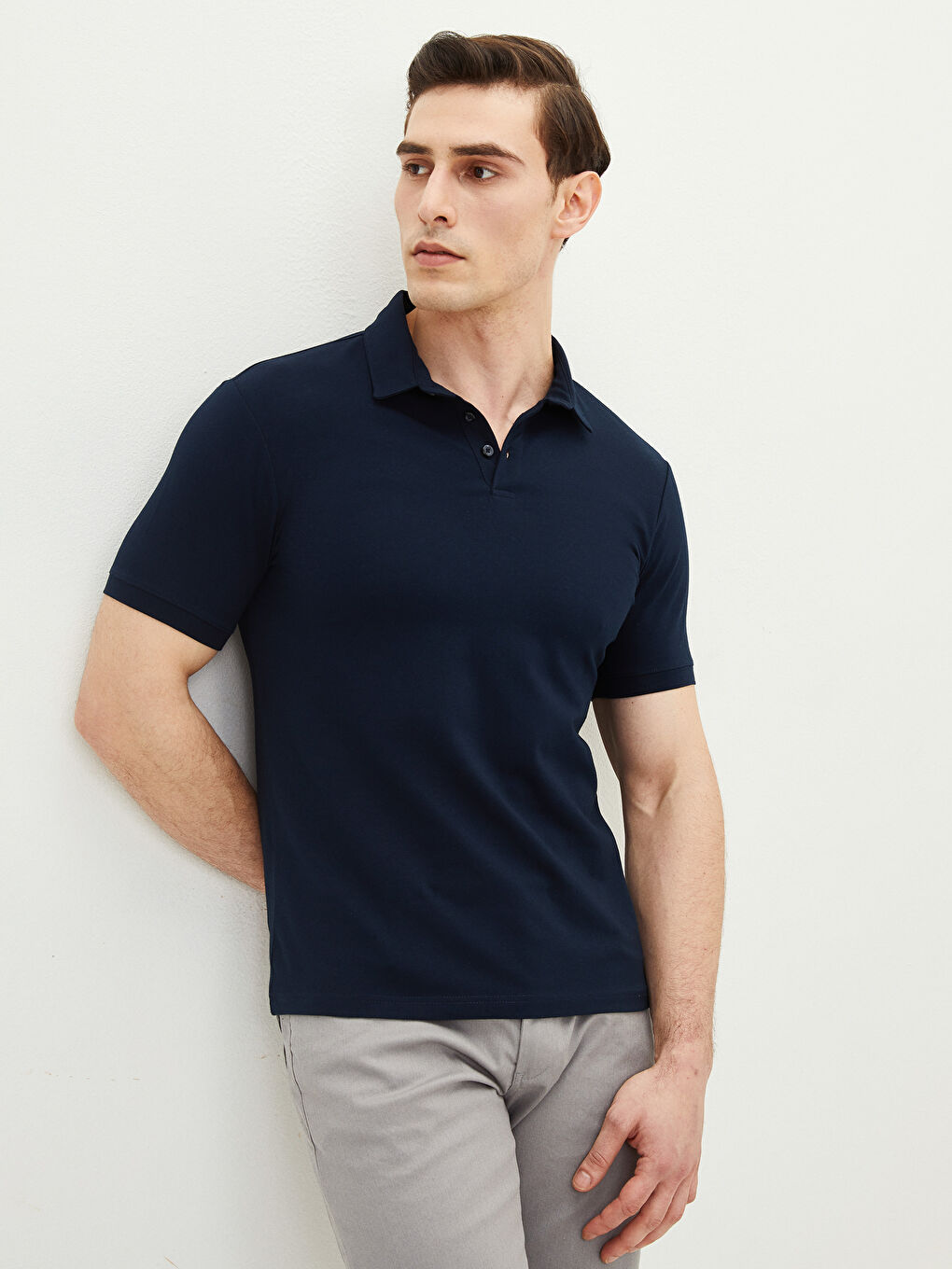 Lacivert Polo Yaka Kısa Kollu Pike Erkek Tişört-1