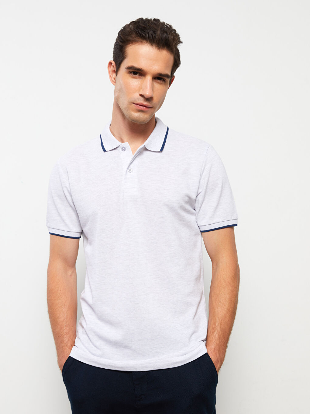 Gri Polo Yaka Kısa Kollu Pike Erkek Tişört-2