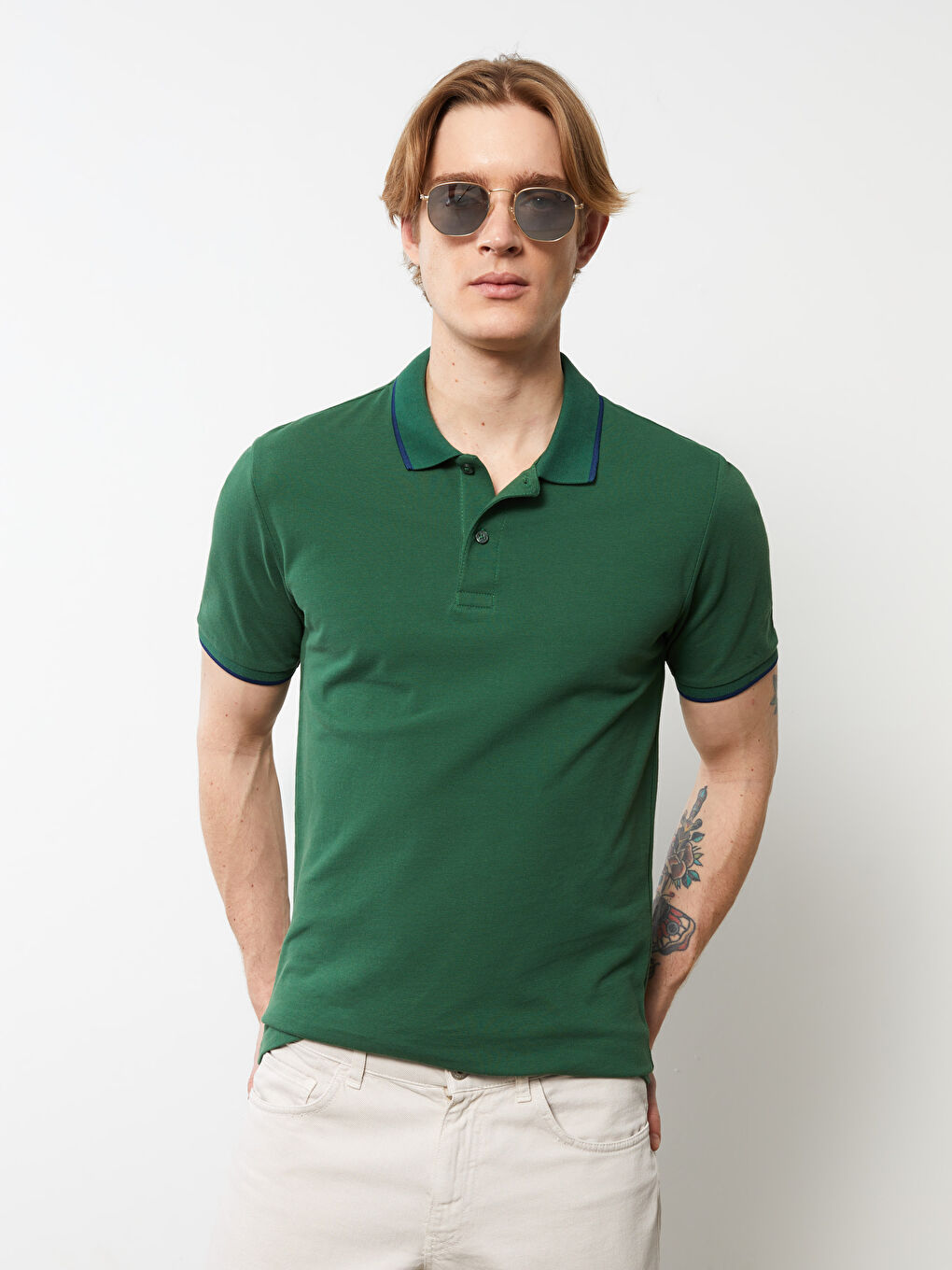 Yeşil Polo Yaka Kısa Kollu Pike Erkek Tişört-2